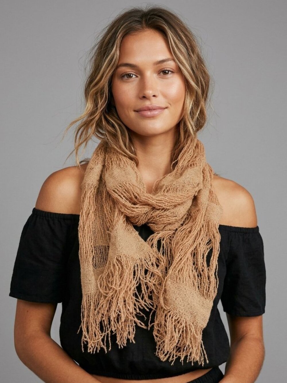 70s Beach Bums Ben Goodman Tan Shredded Open Knit Fringed Scarf Boho